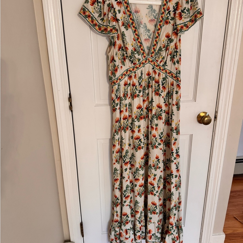Max Studio Floral V-Neck Maxi Dress - Cream and Orange